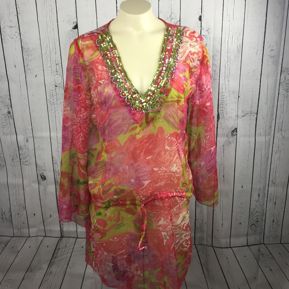 Sahiba Women's Red Floral Top Sequin Trim semi see through tie waist ~me…